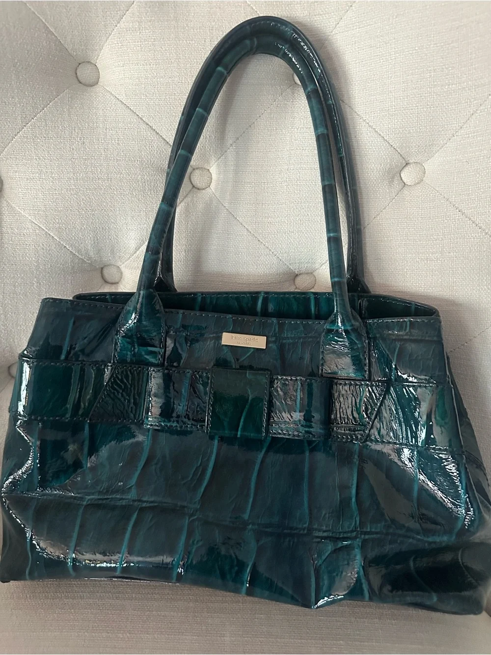 kate spade patent croc-embossed teal shoulder bag